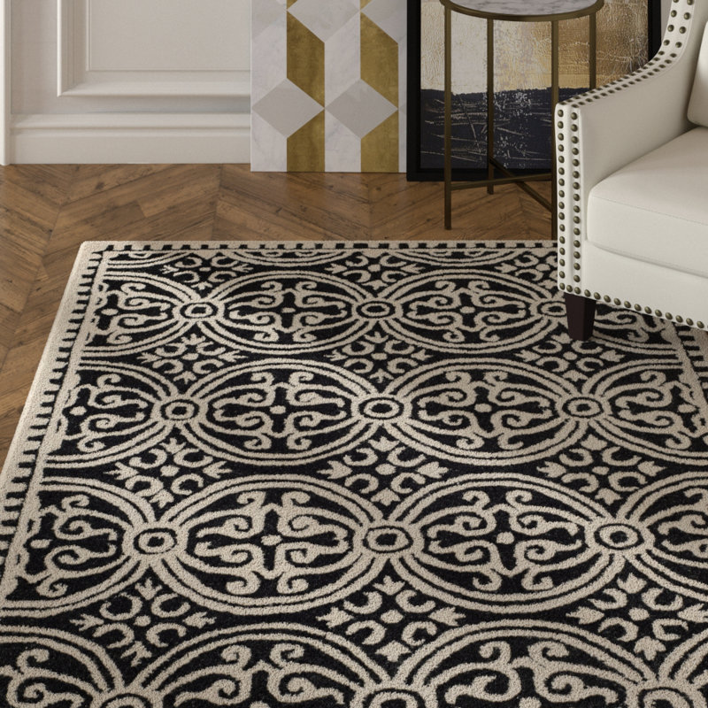 House of Hampton Fairburn HandTufted Wool Black/Ivory Area Rug